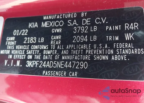 2022 Kia Forte Lxs из США, поврежденный, VIN 3KPF24AD5NE447290